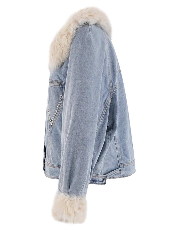 [EAM] Blue Denim Thick Big Size Casual Jacket New Fur Collar Lapel Long Sleeve Women Coat Fashion Autumn Winter 2025 CPG2443