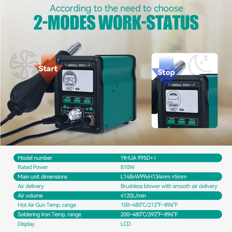 YIHUA 995D+I LED Digital Soldering Station 810W Hot Air Gun Rework Station 110W Electric Soldering Iron For Phone PCB IC SMD BGA