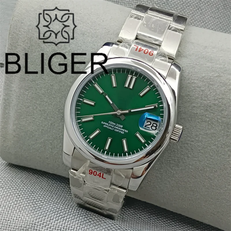 BLIGER Green Dial Automatic Watch 36mm/39mm Domed Case With Blue AR Sapphire Glass With Lens 100M Waterproof NH35 Reloj Hombre