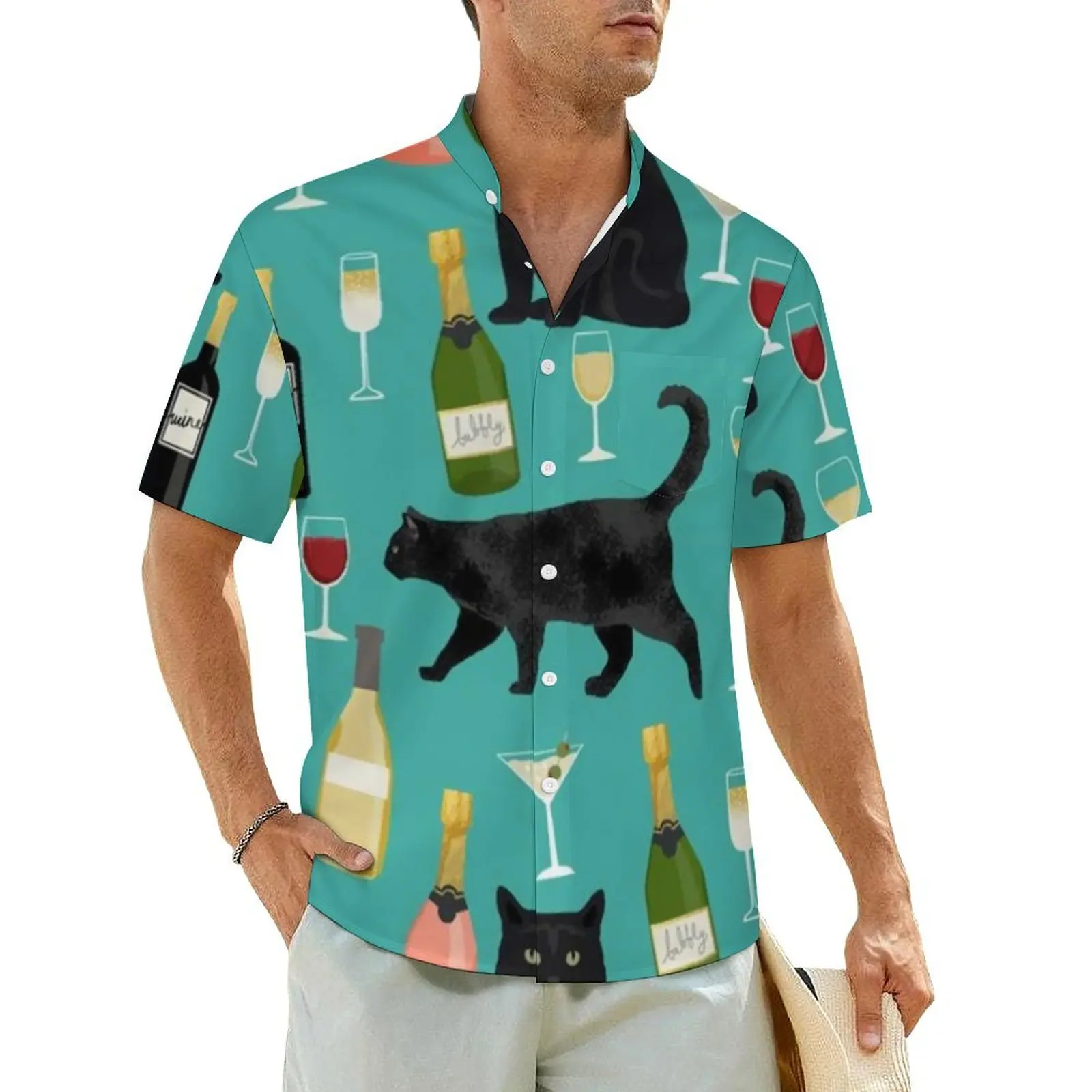 

Colorful Wine Print Casual Shirt Funny Black Cat Novelty Hawaiian Shirts Men Short Sleeves Vacation Y2K Street Plus Size Blouses