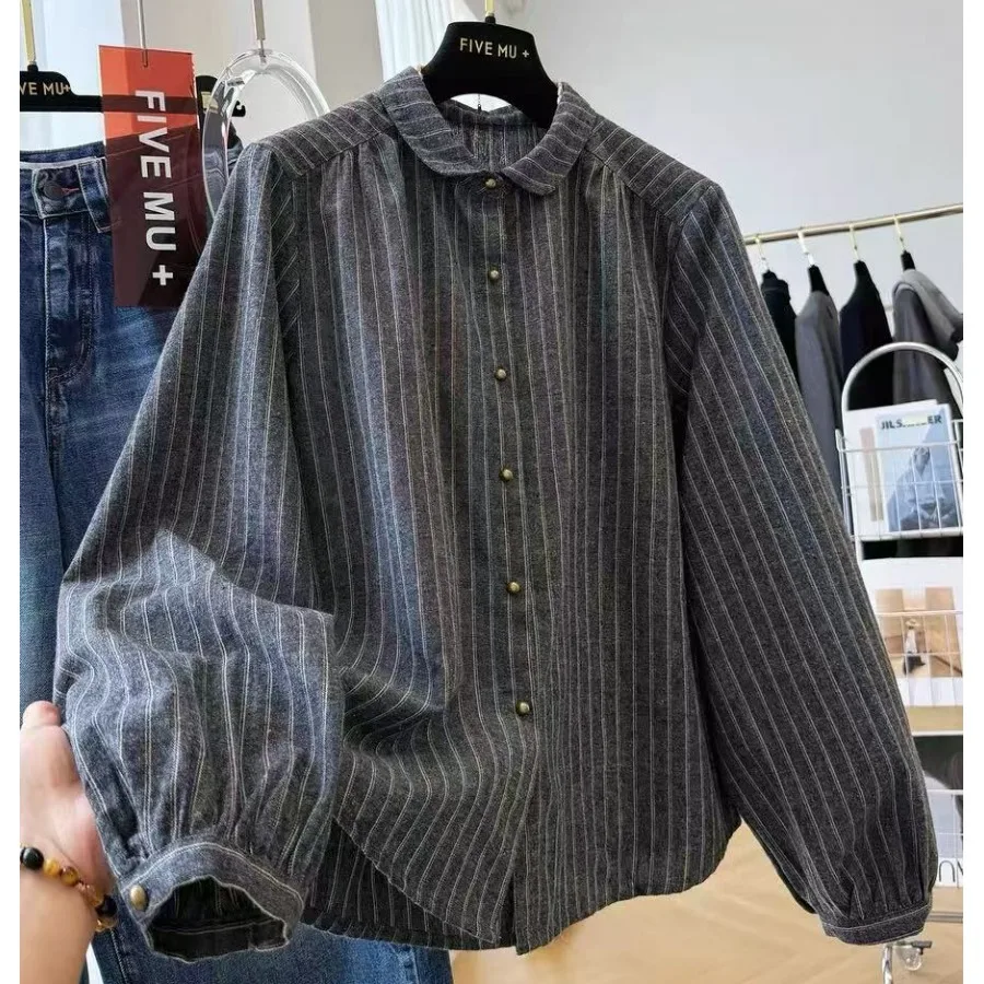 Korean Style Long Sleeve Striped Shirt Women's Fashionable Top Small Turn-down Collar Loose Fit Polyester Fiber Regular Length