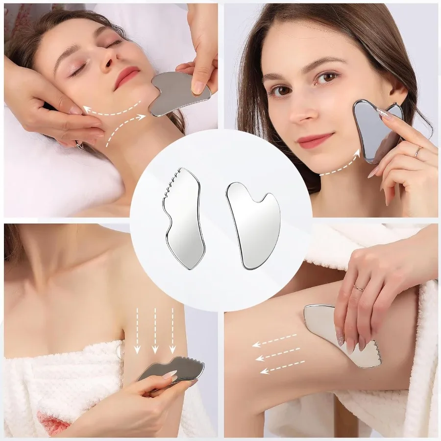 2 ชิ้นสแตนเลสสตีล Gua Sha Facial ชุดเครื่องมือโลหะหวีรายละเอียด Skin Care เครื่องมือ Body และ Face Gua Sha Sculpting สําหรับกระชับ