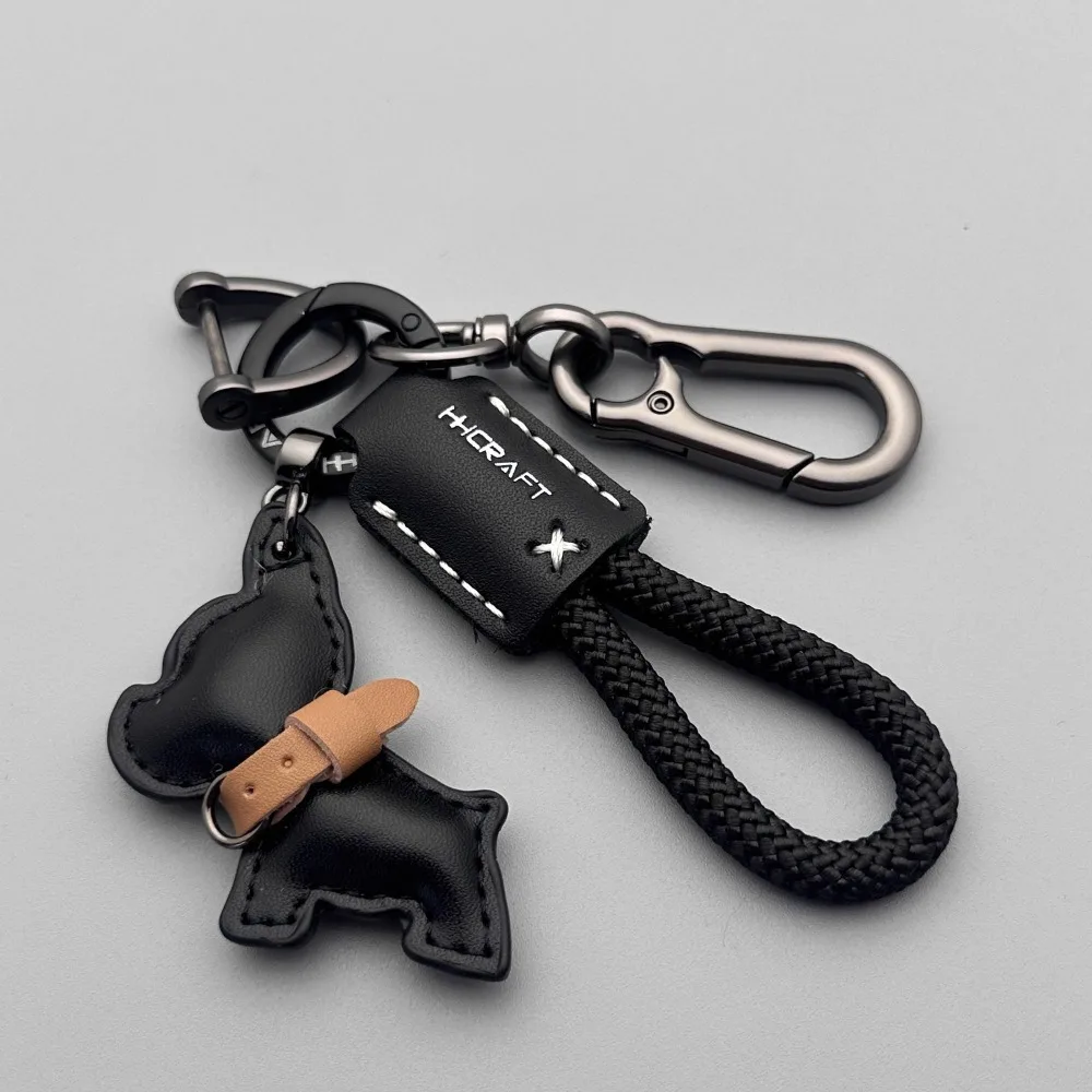 French Bulldog Keychain Handmade Genuine Leather, Braided Rope Key Chain with Anti-Loss Strap for Women Men, Car Key Organize