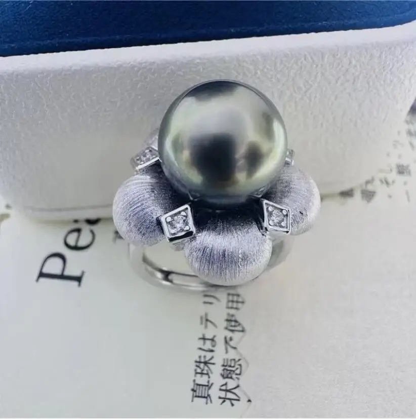 gorgeous 12-13mm tahitian round black green pearl ring 925s