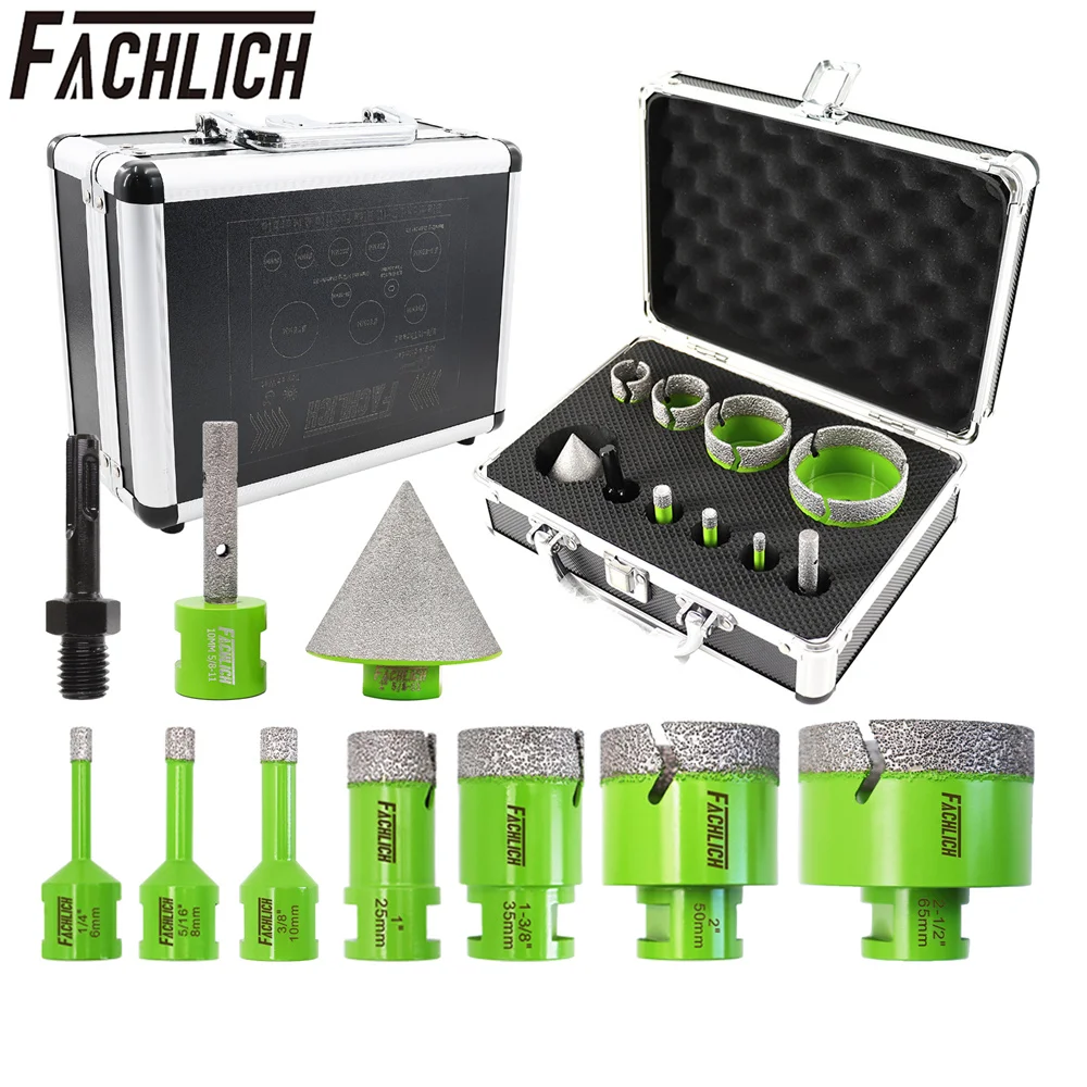 

FACHLICH Drill Bits Kit 10pcs Milling Bit SDS Adapter Tile Granite Marble Stone Masonry 5/8"-11 Thread Hole Saw Chamfer Suitcase