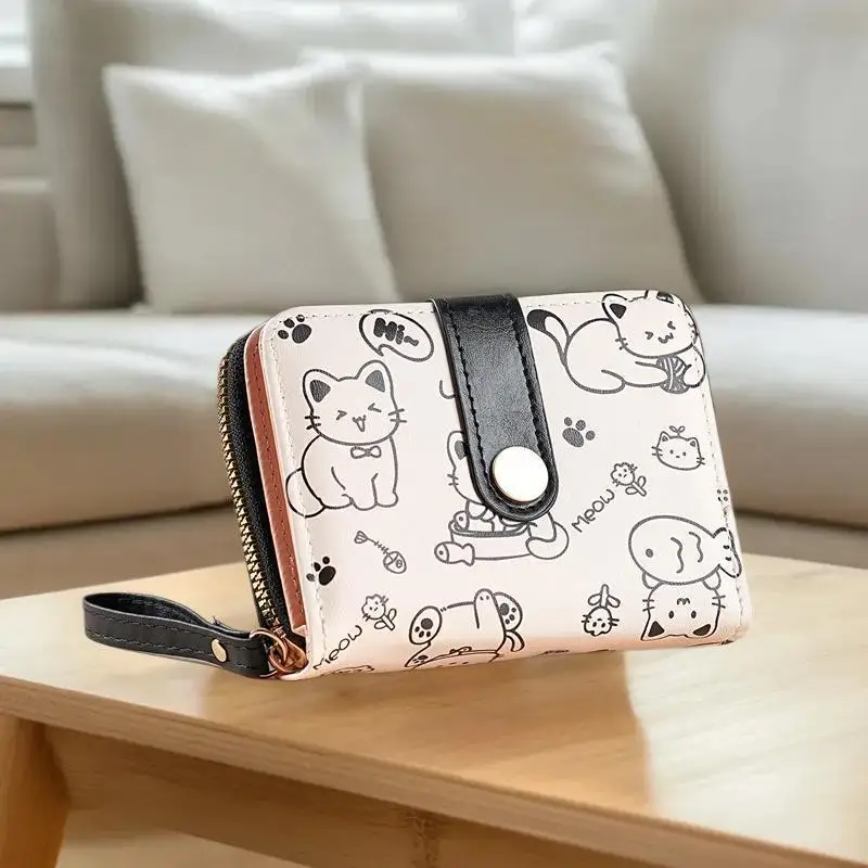 Lovely Cat PU Leather Cash Purse Women's Innovative Short Wallet Folding Zipper Wallet Card Holder Travel Friendly Coin Holder