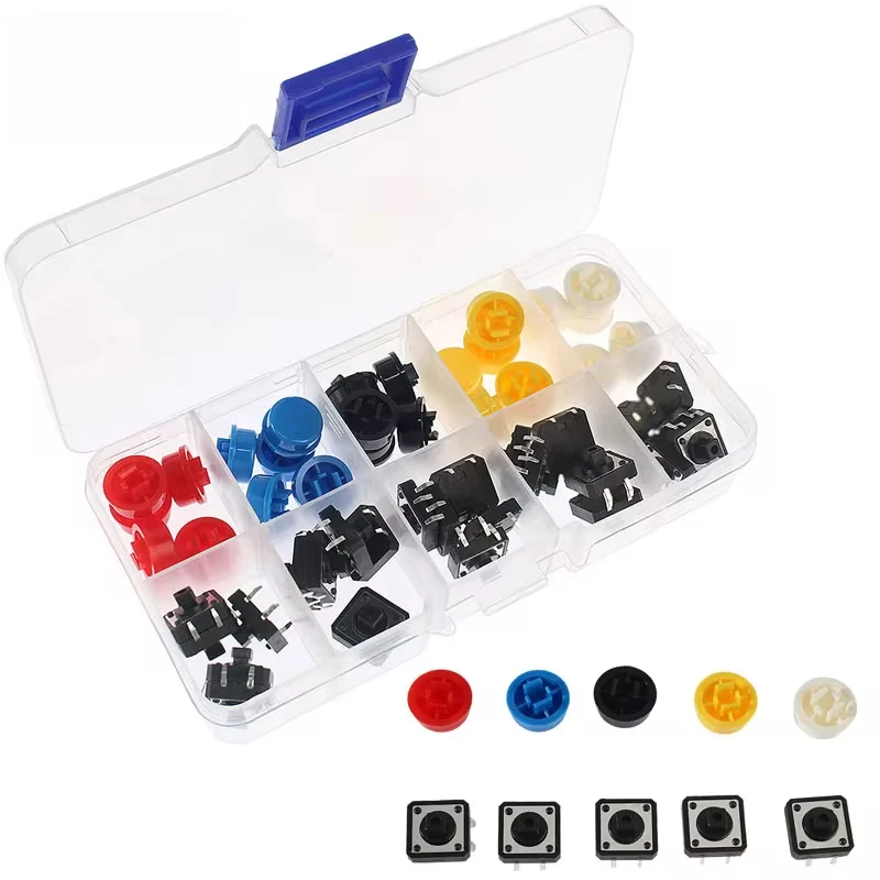 25Pcs 12*12*7.3MM Micro Switch Button Switch Momentary Tactile Push Button Switchs Circular 5 Colors Cap Kit DIY For Arduino