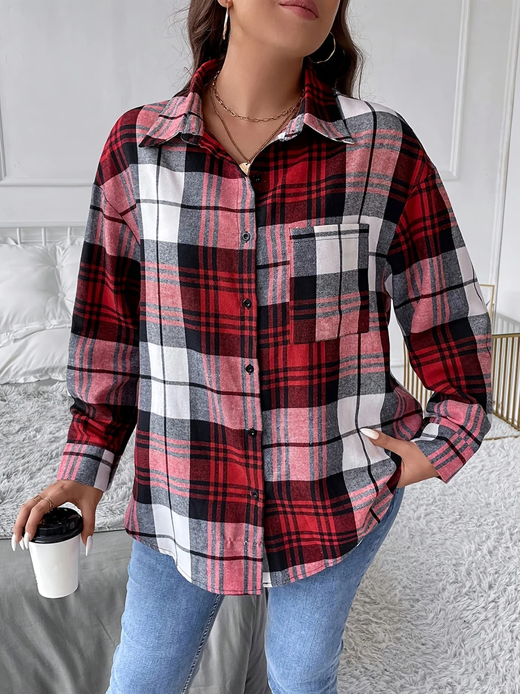 Plus Size Women Plaid Jacket Color Blocking Design Simplicity Fashion Versatile Flip Collar Single Breasted Button Plaid Coat