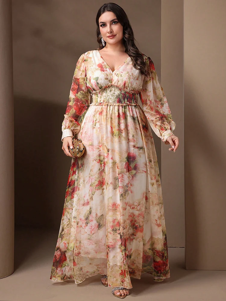 TOLEEN-Vestido de festa casual formal feminino, manga comprida elegante, estampa floral com camisas, plus size, primavera, verão, novo, 2022