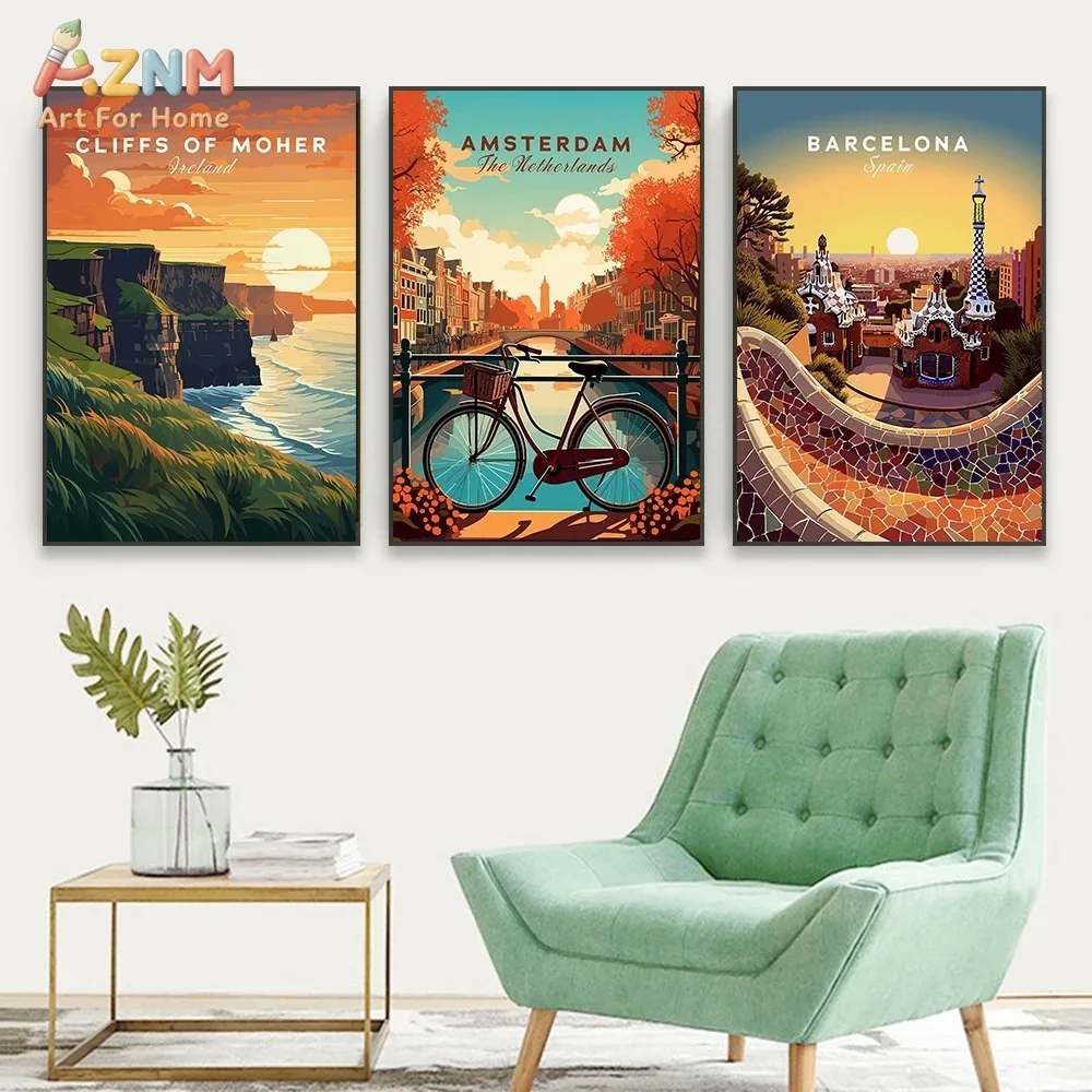 AZNM Vintage Europe Travel City Canvas Wall Art Norway Lofoten Lisbon Amsterdam Rome Scenic Landscape Retro Travel Print Unframe