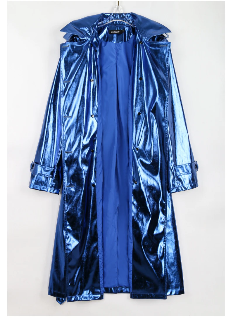 Nerazzurri Spring Autumn Long Shiny Reflective Patent Leather Trench Coat for Women Sashes Double Breasted European Fashion 2022