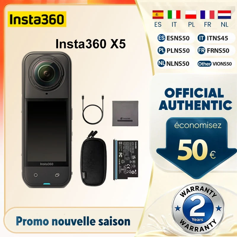 Insta360 X5 360 °   Caméra 8K étanche performante en basse lumière, effet bâton de selfie invisible, objectif remplaçable robuste, batterie 3H