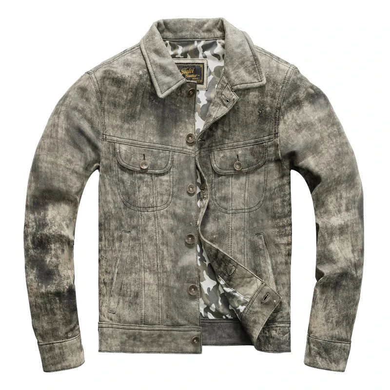 Camouflage Grey Spring Leather Jacket Men American Casual Style Genuine Natural Sheepskin Single Breasted Leather Coat