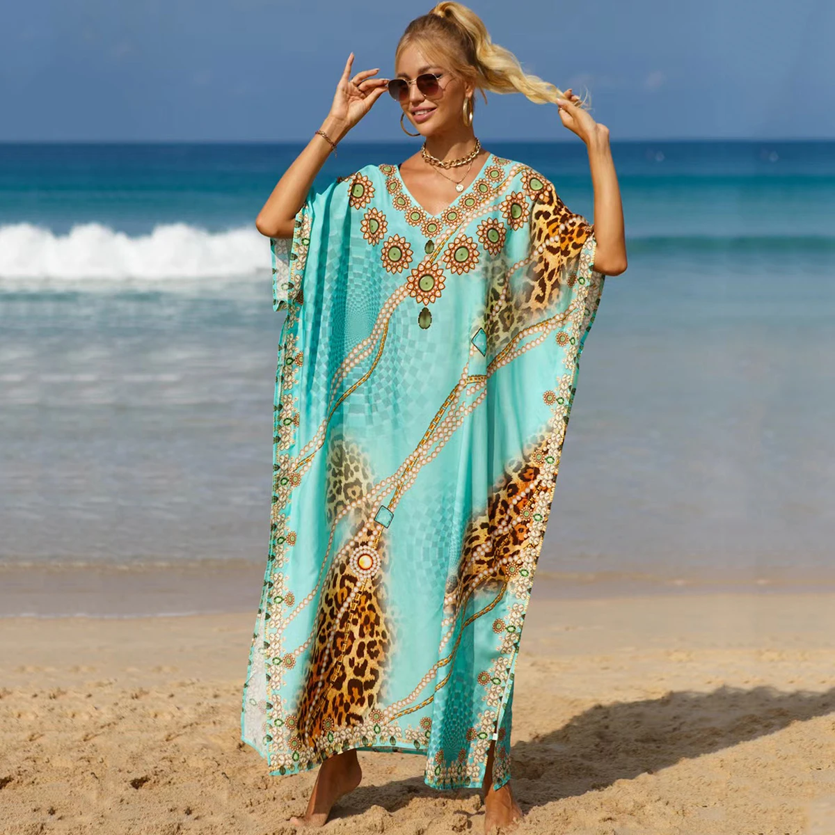 Plus Size Boho Cover Up, Women's Plus Colorblock Leopard & Floral Print Bat Sleeve V Neck Slight Stretch Split Hem Maxi Cover Up