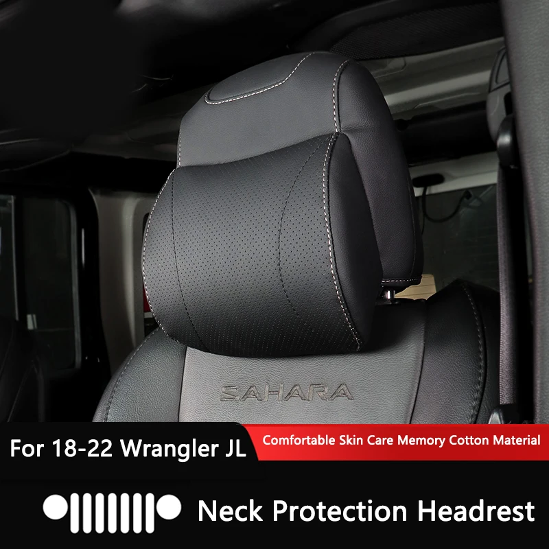 QHCP Car Headrest Pillow 1Pc Head Neck Shoulder Support Protector Leather+Memory Foam Soft Sweat Absorbing For 18-22 Wrangler JL