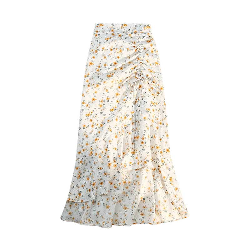 Seoulish-saia elástica irregular das mulheres, cintura alta, elegante, chiffon, estampado floral, midi-long, primavera verão, novo, 24