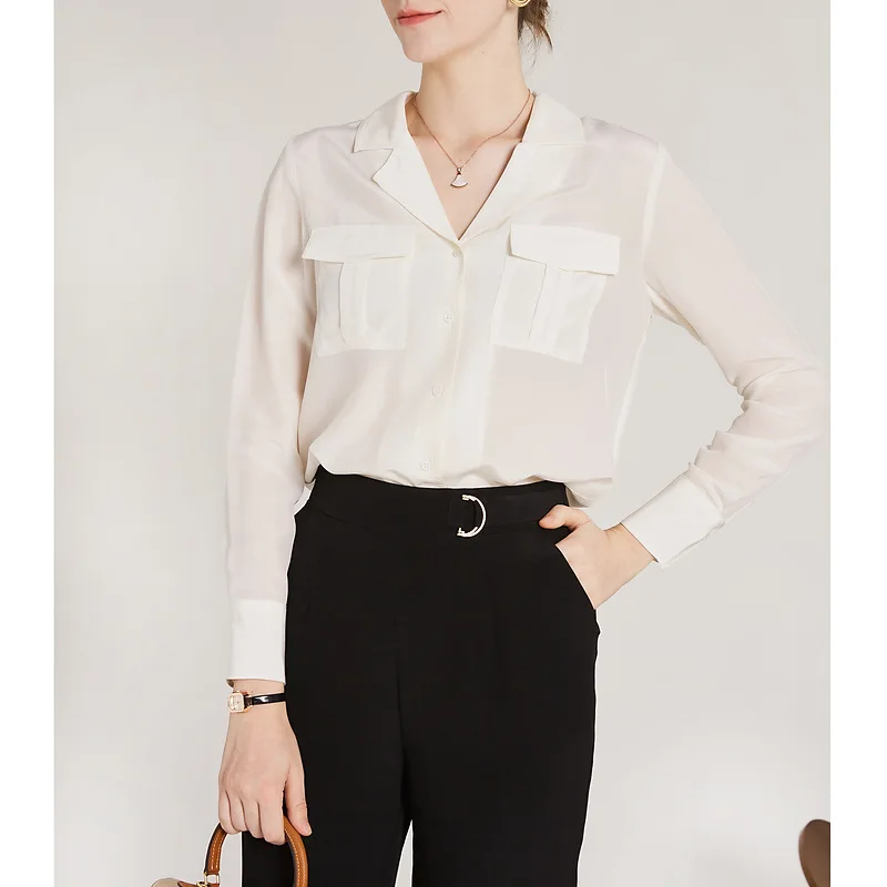 

Hong Kong Style Retro Silk White Lapel Long-sleeved Shirt Female V-neck Fashion Early Spring New Mulberry Silk Shirt Female