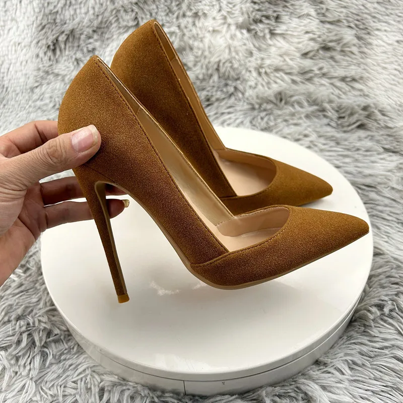 Solid Brown Sexy Women Curl Cut Flock Pointy Toe High Heel Shoes Elegant Faux Suede Slip On OL Stiletto Pumps 12cm 10cm 8cm