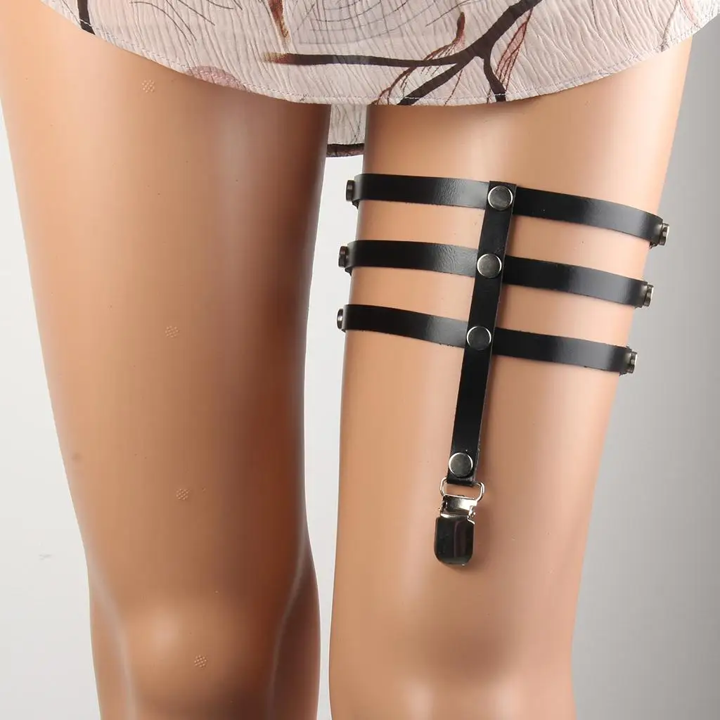 Adjustable 3 Rows PU Leather Leg Harness Garter Belt Punk Gothic Thigh Ring Garter for Ladies