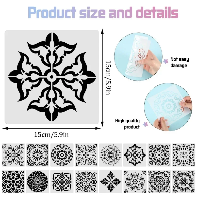 16Pcs/Set Mandala Stencils,15cm Mandala Dot Painting Stencils for DIY Home Decoration Drawing Scrapbook Embossing Album Template