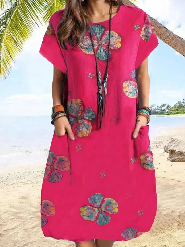 

Women's short-sleeved mid-length dress, autumn skirt for ladies, with pockets, featuring a four-leaf clover print, casual mid-le