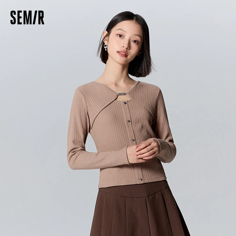 Semir Long-Sleeved T-Shirt Women Short Hollow Sweet 2023 Winter New Tight Knitted Sweater