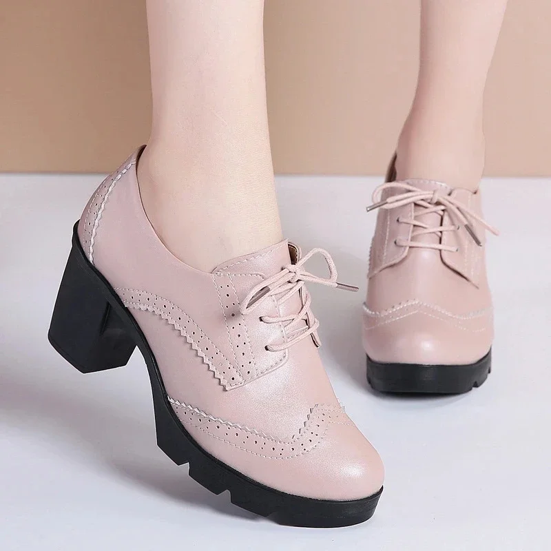 Women Pumps Shoes T Strape High Heels Brogue High Square Heel Genuine Leather Wedge Shoes Richelieu Woman