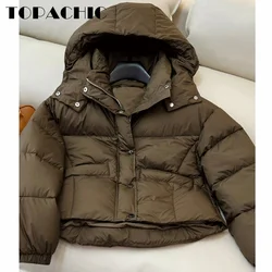 9.4 TOPACHIC Women's Drawstring Hat Detachable Design Short Goose Down Jacket Hooded Elastic Long Sleeve Keep Warm Down Coat