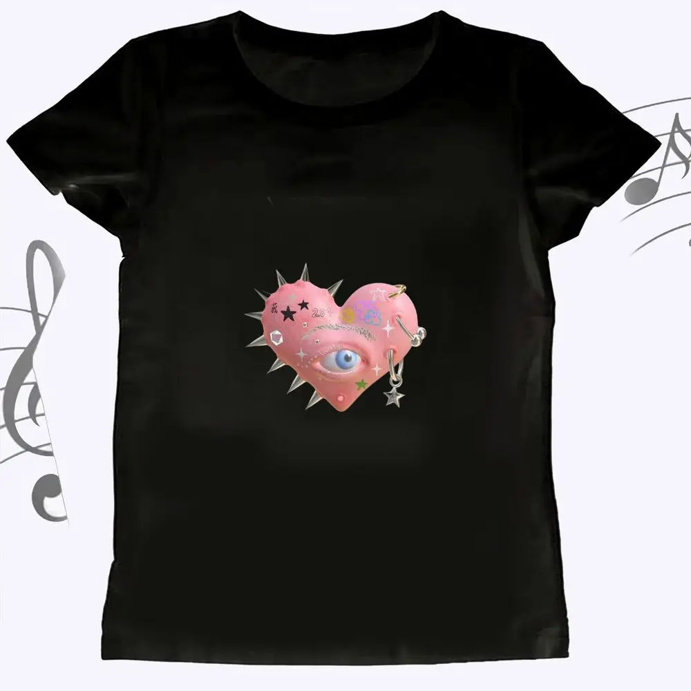 Pink Heart Eye Graphic Oversized T-Shirt Women Summer Short Sleeve Punk Aesthetic Print Vintage Top Female E-girl Casual Y2k Tee