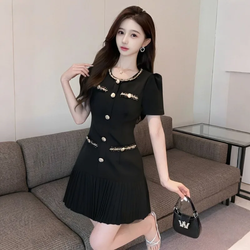 

Women Summer Elegant Temperament Solid Color Corset Short Sleeve Dresses Ladies Fashion Office Lady Appear Thin A-line Skirt