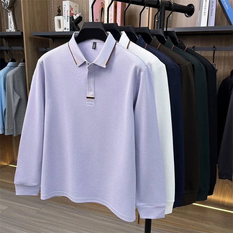 Hochwertiges Herren-Poloshirt aus weicher Baumwolle, Herbst-Neuheit, einfarbig, langärmelig, mit Kragen, modische Business-Herrenbekleidung – Detail 1