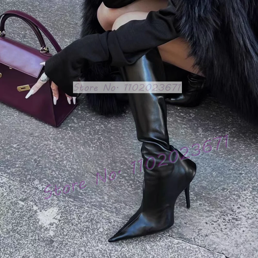 Long Pointed Toe Black Knee High Boots Women Novelty Side Zipper Stiletto Heel Catwalk Shoes Female Sexy Feminine Ankle Boots