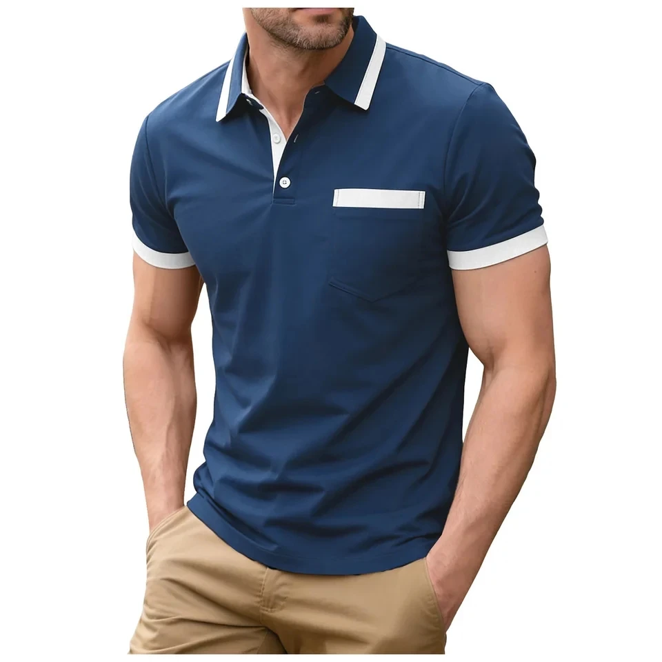 Summer POLO T Shirt Men's Color Block Short Sleeved T-Shirts Button Turn-Down Collar Polos Shirt Casual Top Mens Clothing