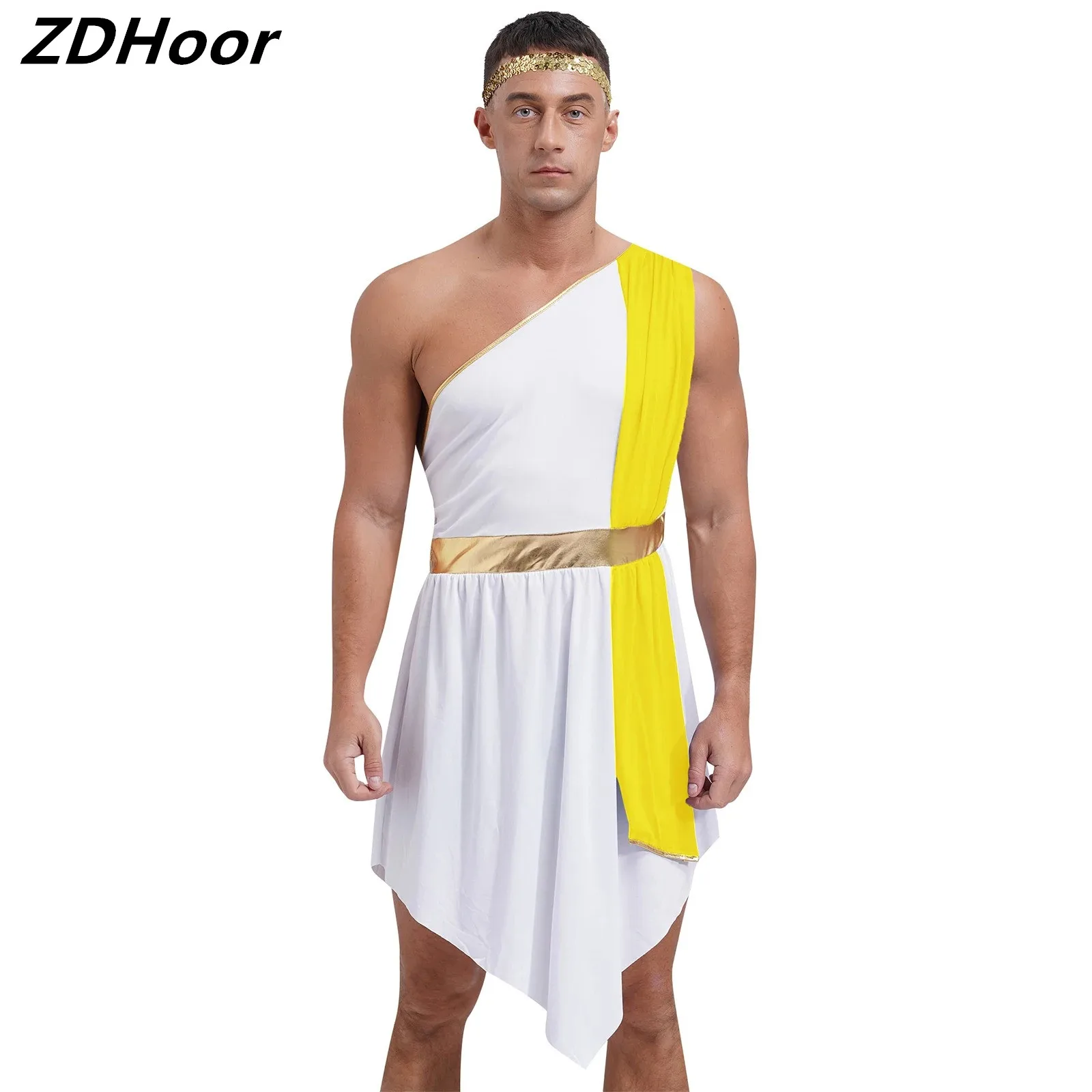

Mens Roman Greek Role Play Dress Halloween Costume Color Block Irregular Hem One Shoulder Sleeveless Dress with Sequin Headband