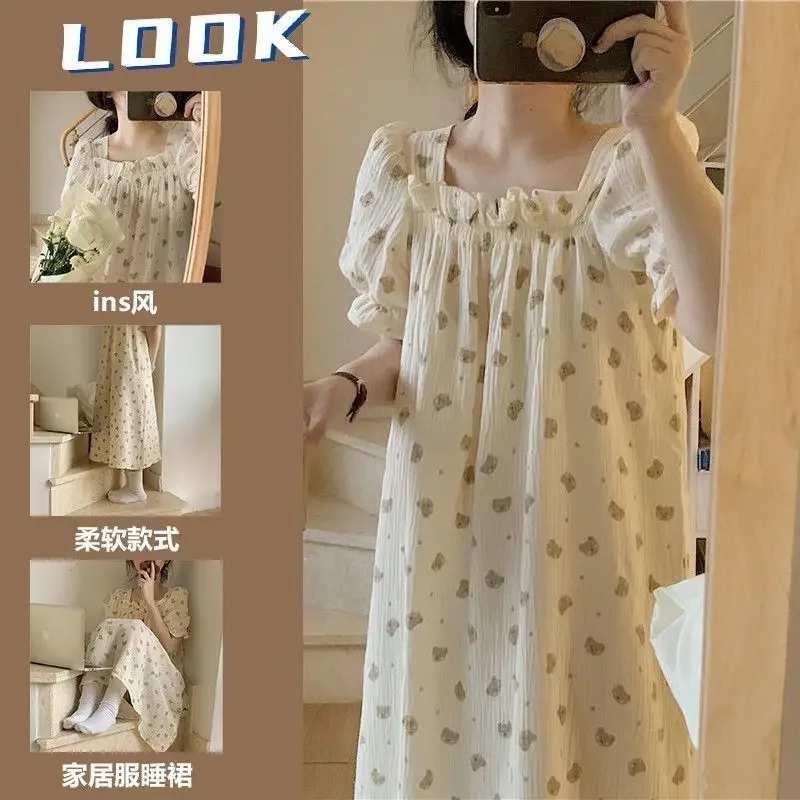 Pajamas Dress Mid Length Cartoon Cute Home Clothes Korea Nightwears for Ladies Long Dresses Bathrobe Sleeping Women Night Sleep