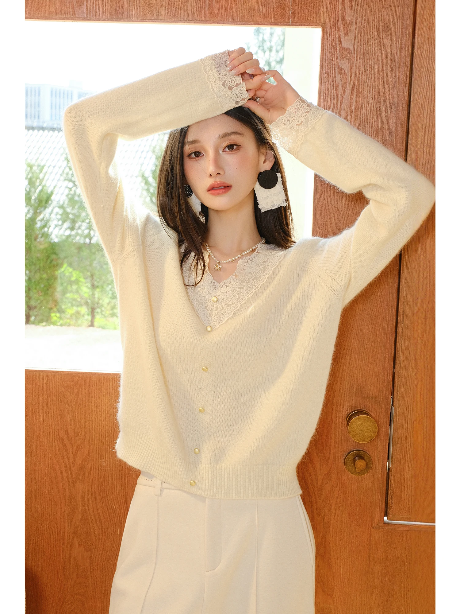 

MIUCO Вязаный свитер из шерсти и кроличьего меха с кружевной отделкой, тонкий, уютный, для женщин, зимний, модный, французский стиль, мягкий, с длинными рукавами