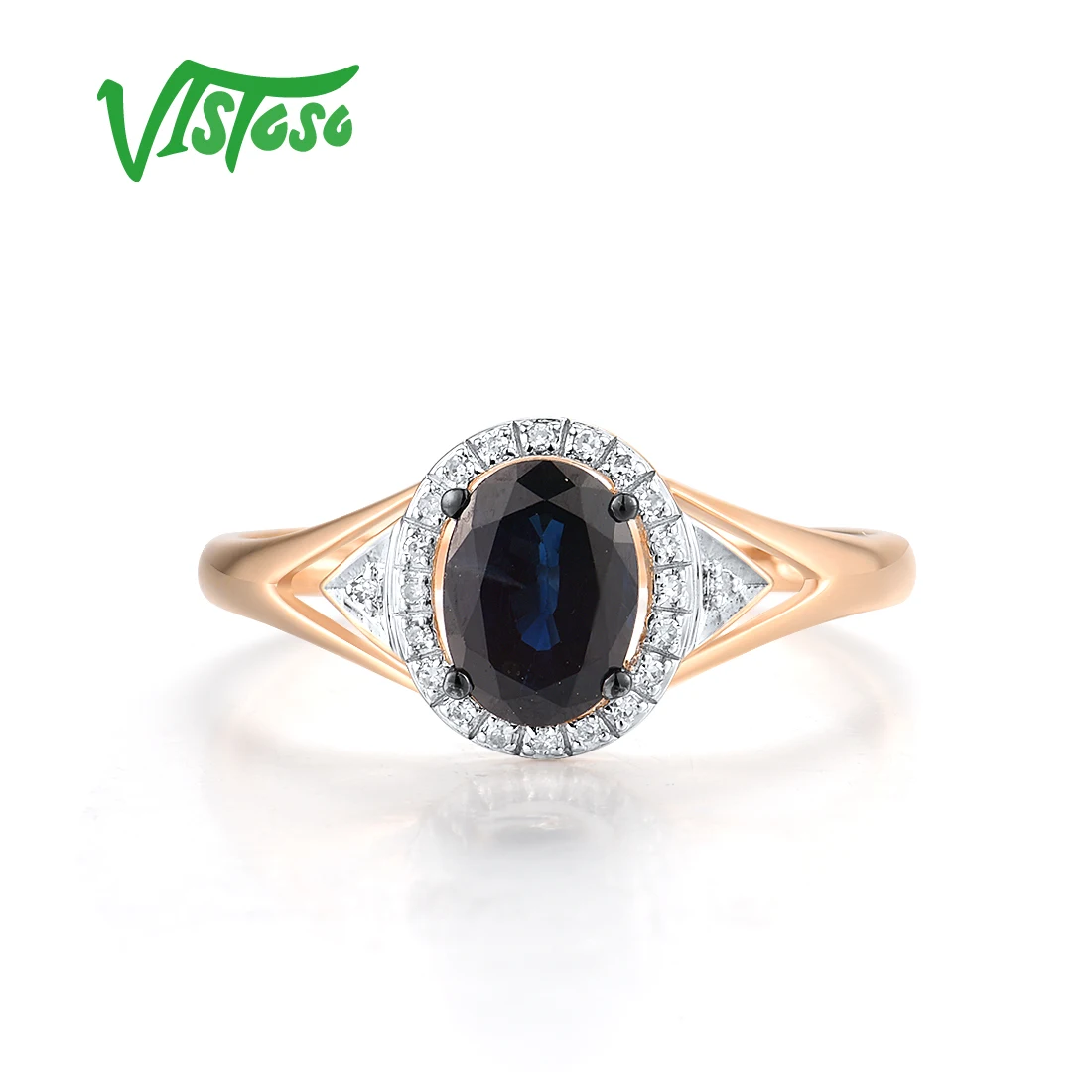 VISTOSO Real Solitaire 14K 585 Rose Gold Ring For Women Sparkling Diamond Blue Sapphire Wedding Engagement Gift Fine Jewelry