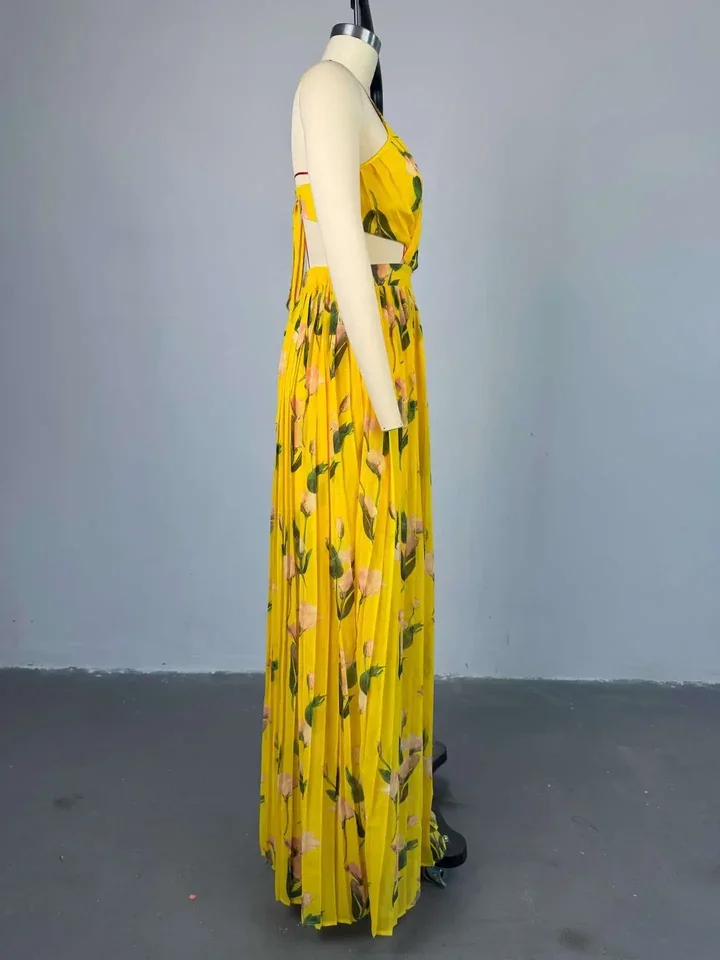 เดรสยาวพิมพ์ลายดอกไม้สุดหรู สายเดี่ยวแบบไม่มีสายคล้องไหล่ สำหรับผู้หญิง เหมาะสำหรับงานปาร์ตี้ริมชายหาด งานวันเกิด ดีไซน์เซ็กซี่ จับจีบ