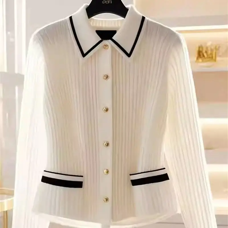 Office Lady Polo Collar Wool Sweater Women Fashion Solid Stripe Cashmere Knit Cardigan Winter French Soft Knitwear High End 018H