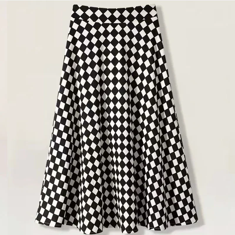 

Black White Plaid Midi Pleated Skirts Spring Summer Korean Female High Waist Fashion Casual All-match A-line Long Skirt 2024 F26