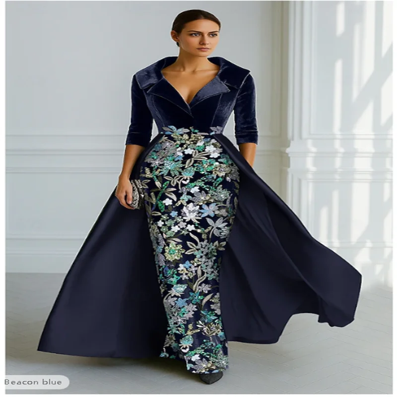 A-Line Floor Length Evening Gown Ball Gown with Overskirt Formal Dress Elegant Color Block High Split Half Sleeve Shirt Collar