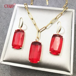 4 Colors Clear Colored Rectangle Glass Pendant Necklace for Women Stainless Steel Chain Fashion Earrings Jewelry Accessories Set