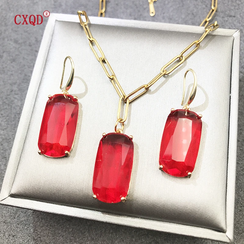 4 Colors Clear Colored Rectangle Glass Pendant Necklace for Women Stainless Steel Chain Fashion Earrings Jewelry Accessories Set