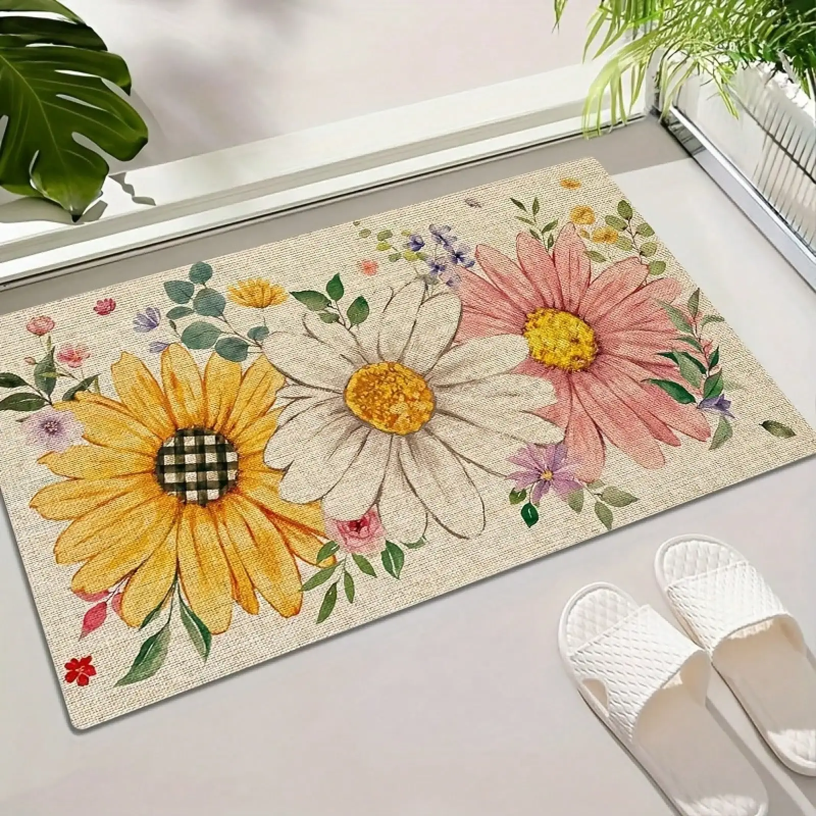 1pc Spring And Summer Floral Doormat | Sunflower Daisy Design, Flannel Material, Suitable For Entryways, Bedrooms, Living Rooms, Dining Rooms, Kitchens