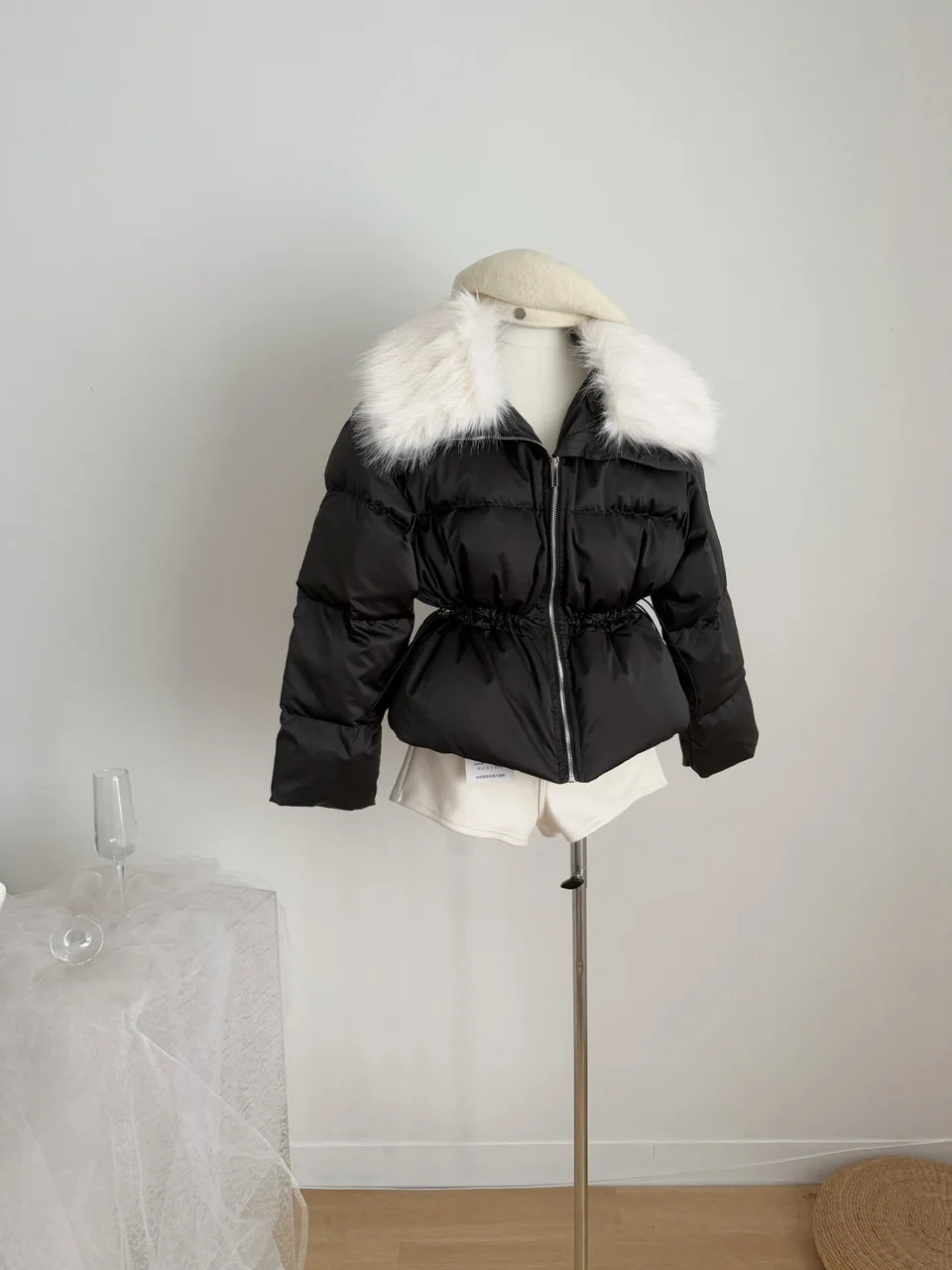 Dames herfst winter elegante nepbontkraag witte eend donsjack dame dikke warme lange mouwen trekkoord taille dons uitloper