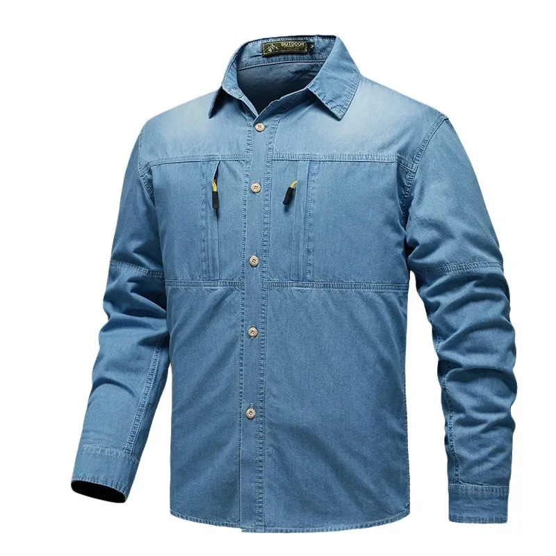 

Men's Pure Cotton Casual Solid Color Long Sleeved Shirt Safari Shirt Denim Shirt Denim Jacket Oversized T-shirt for Men