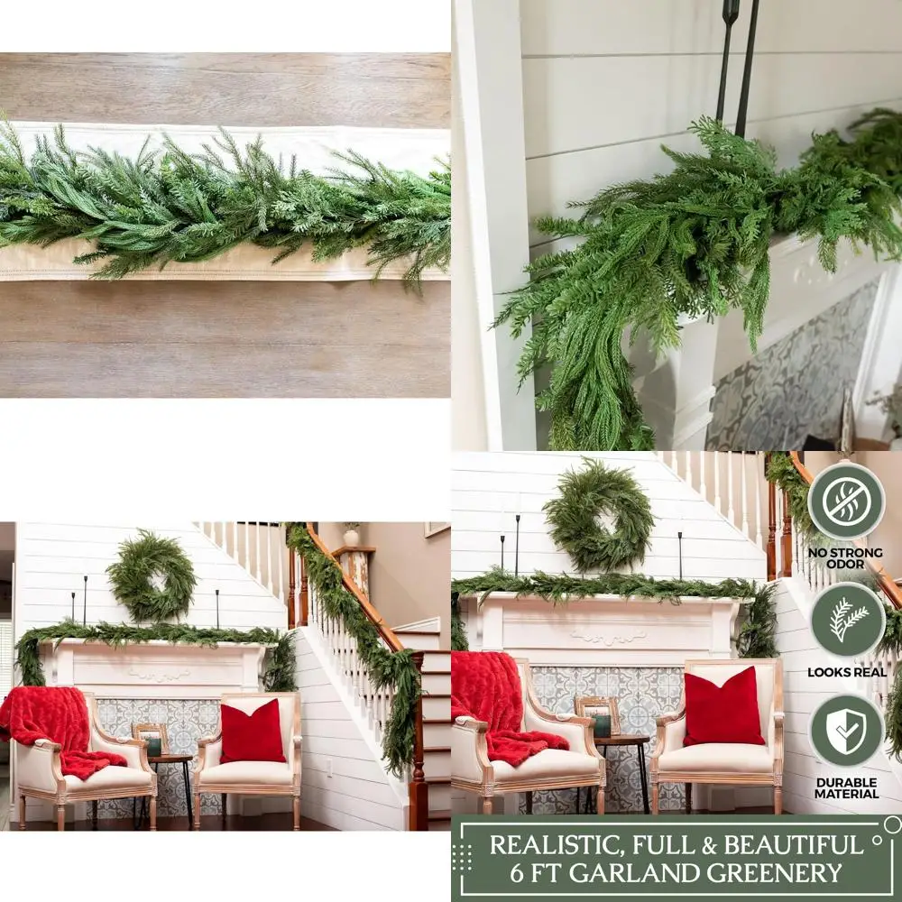 

6-Foot Long Artificial Greenery Norfolk Pine, Evergreen, and Cedar Garland for Christmas Mantle Decorations