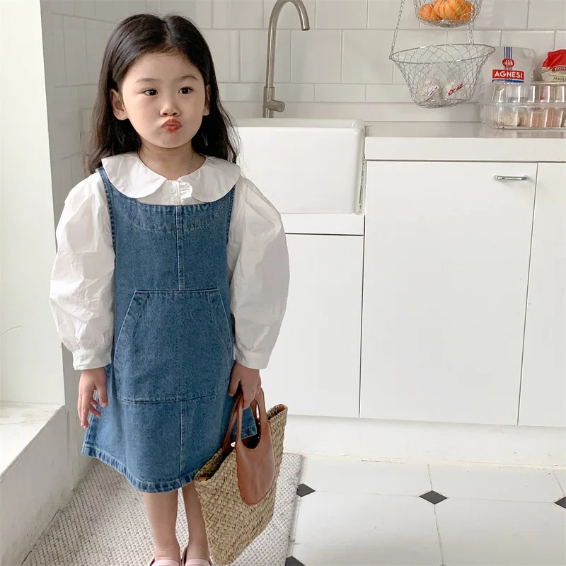 

Deep in the Heart Spring and Autumn Girls Korean Children's Clothing Denim Large Pocket Vest Dress
