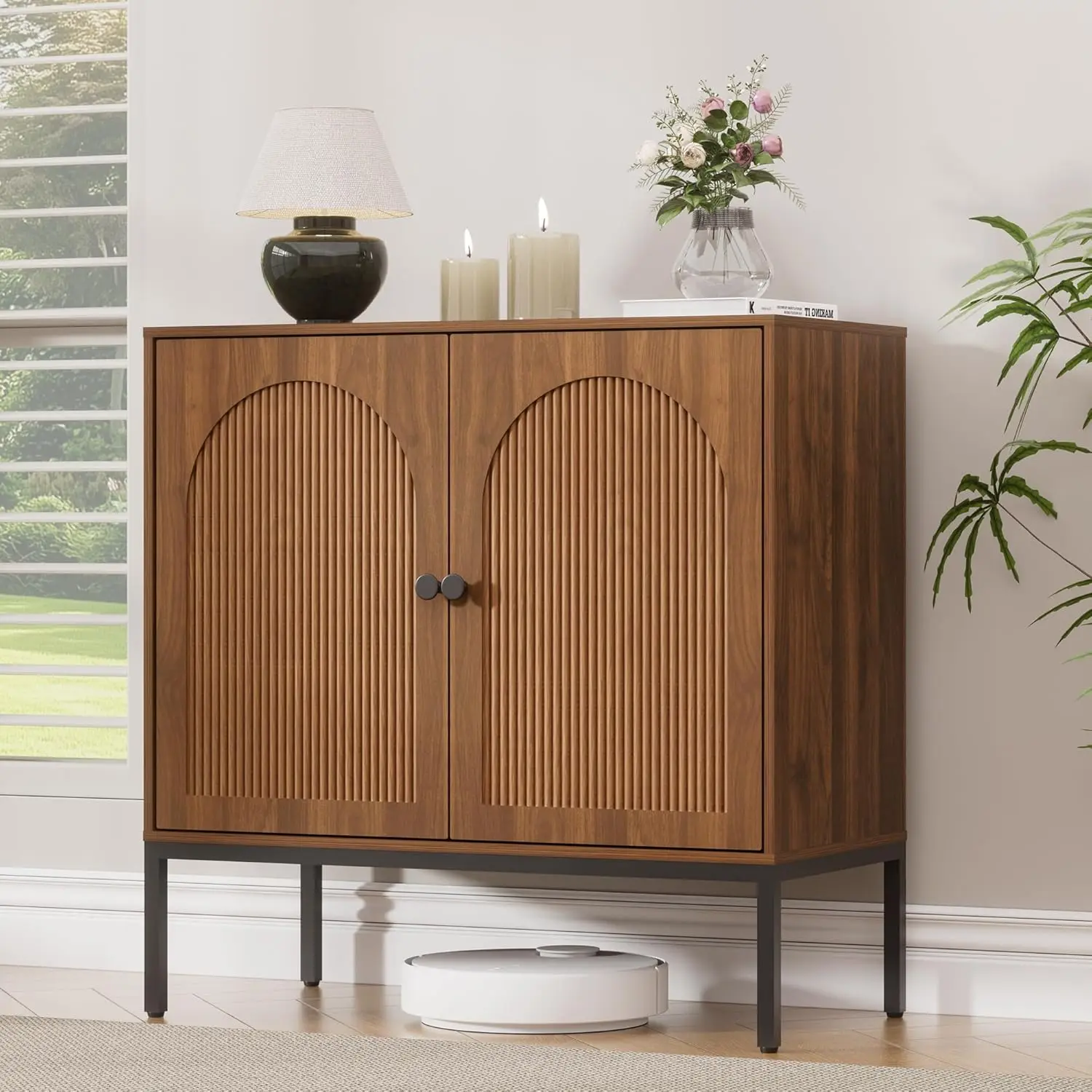 

Modern Walnut Sideboard Buffet 2-Door Fluted Storage Living Entryway Bathroom, Customized