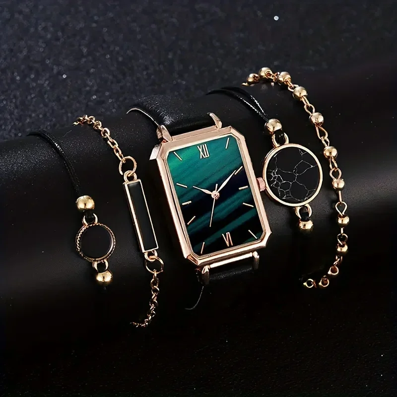 1pc Round Pointer Quartz Watch & 4pcs Bracelets Set